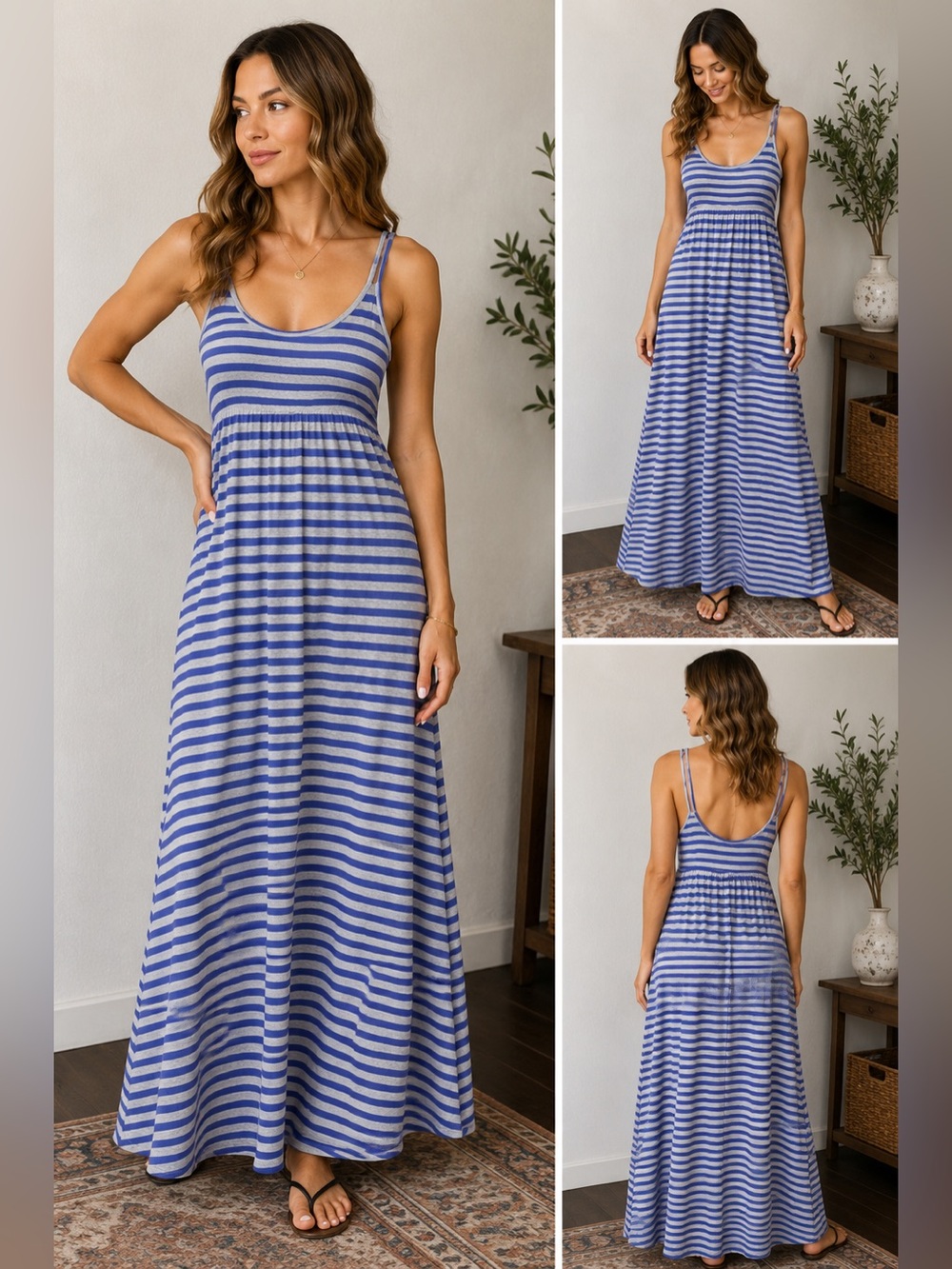 Calvin Klein Blue and White Striped Spaghetti Strap Maxi Dress